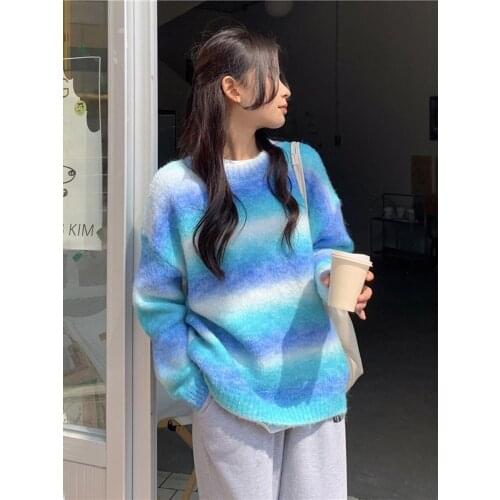 Turquoise Tapered Crew Neck Pullover Sweater Autumn Winter New Loose Long Sleeve Knitted Top