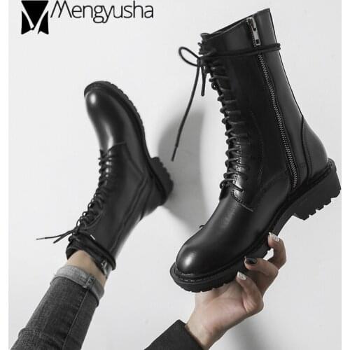 Brand Zipper&Lace Up Motorcycle Boots Ladies Shoes Winter Snow Booties Solid Leather Botas Femme Short Boots Ankle Chelsea Shoe