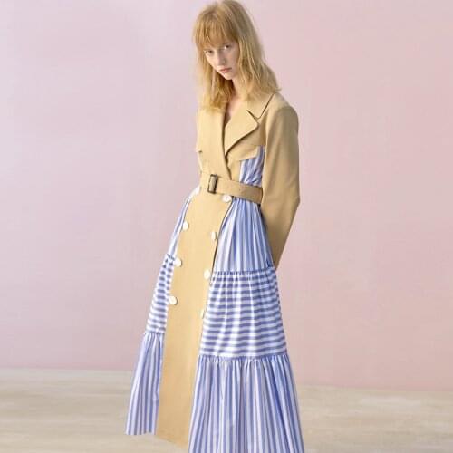 British Style Double Breasted Striped Pactwhork Long Trench Coat Women Turn-down Collar Slim Work Business Skirt Trench Belted