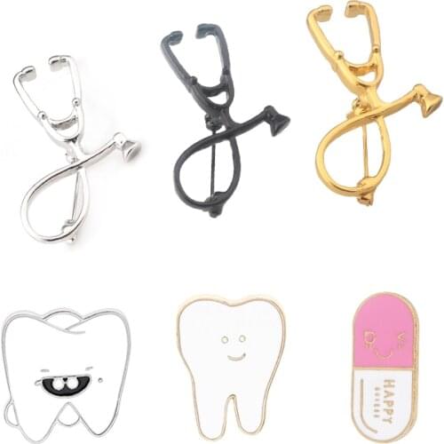 Stethoscope Brooches Tooth Capsule Enamel Pins Medical Jewelry For Doctor Nurse Dentist Gift Denim Shirt Lapel Pins Button Badge