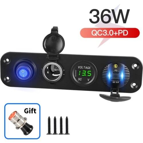 Quick Charge QC3.0 & Type-c PD Car Charger Cigarette Lighter Socket Splitter 250W Power Adapter Outlet Voltmeter ON/OFF for Boat