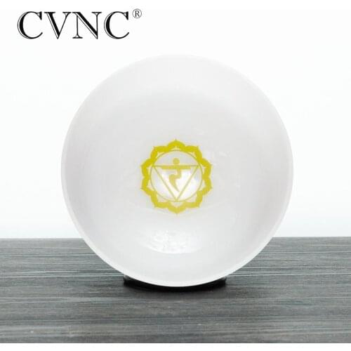 CVNC 8" Chakra Design Pattern Energy Note E Solar Plexus Frosted Quartz Crystal Singing Bowl for Meditations