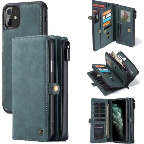 For Funda iPhone 11 Case Zipper Wallet Magnetic Cover 17 Card Slot 2 in 1 Leather Case for iPhone 11 Pro Max Samsung A51 A71 S20