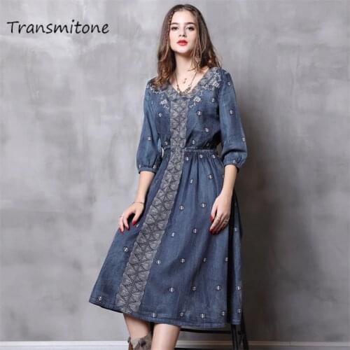 Denim Women Dress 2019 Vintage Spring Woman Dress V-Neck A-Line Half Sleeve Embroidery Womens Dresses Vestidos Femininos