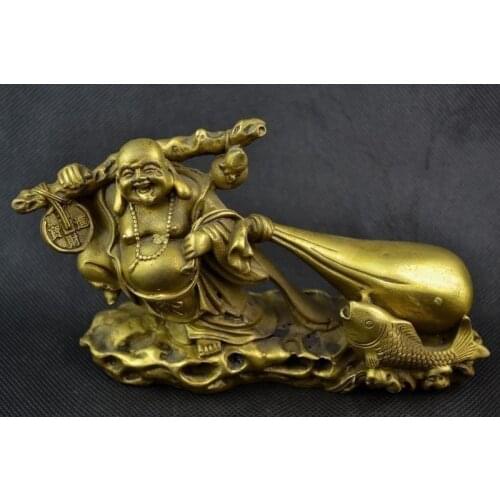 Exquisite Chinese Old Handwork Brass Buddha Carry Bag Of Gold Coin Statue