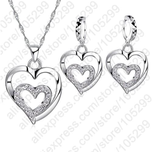 2020 Fashion Women Jewelry Sets 925 Sterling Silver Zircon CZ Crystal Double Love Heart Necklace&Earrings Jewelry Set
