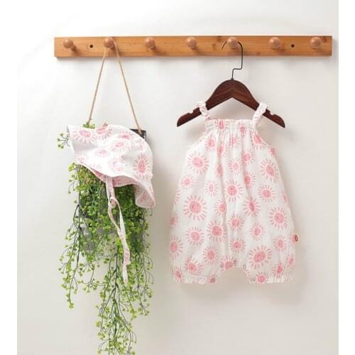 Summer Baby Clothes Baby Girl Romper 2pcs Sets Cute Cool Sun Print Loose Sleeveless Strap Rompers+hat Newborn Baby Onesie 6-24M