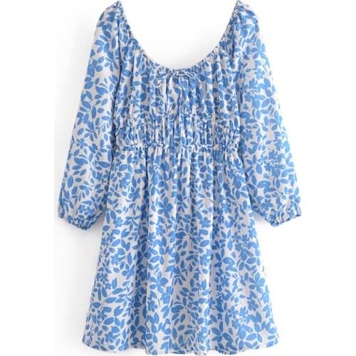 Summer Women Square Collar A Line Mini Dress Lantern Long Sleeve Bow Tie Beach Dress Female Fashion Floral Printed Dress
