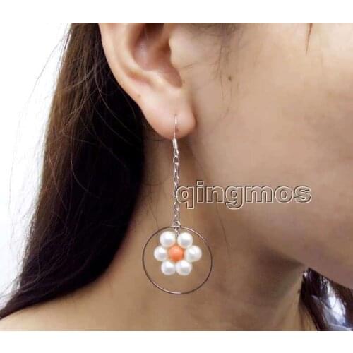 Fashion Natural White pearl and pink Coral with 28mm metal Round Dangle 3'' Earring-ear609