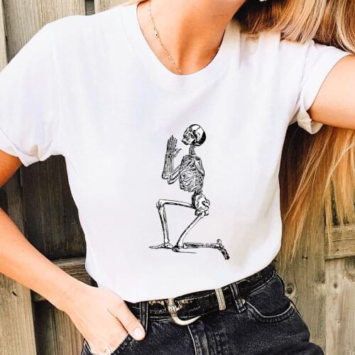 Prayer Skeleton Graphic Printed 100%Cotton Women Tshirt Unisex Funny Casual Short Sleeve Top Tees Christian Shirt Holiday Tee