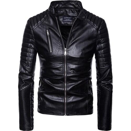 Punk mens motorcycle coat autumn multi-zip male leather motorcycle faux leather jacket stand collar slim handsome PU coat