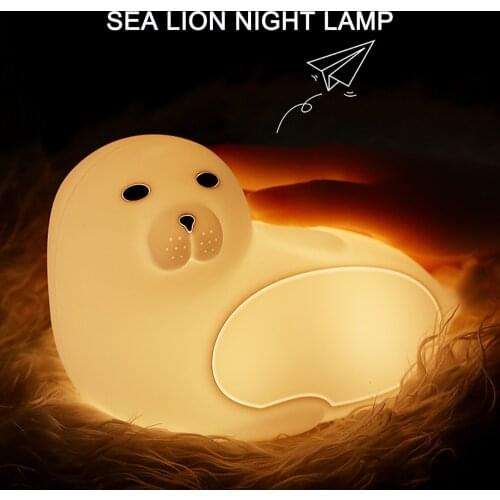 Cute Sea Lion Night Light Colorful Night Light with Touch Sensor LED Soft Silicone Light Animal Night Lamp