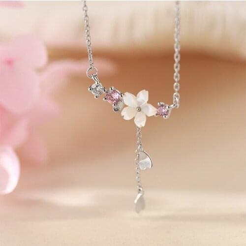 Luckydays New Necklace Simple Shell Pink Cherry Tassel Necklace Temperament Flower Wild Sweater Round Necklaces