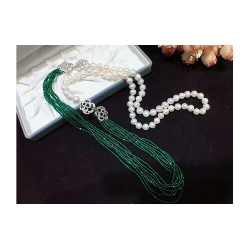 Hand knotted double use 8-9mm white freshwater pearl necklace green glass multilayer long 95cm sweater chain fashion jewelry