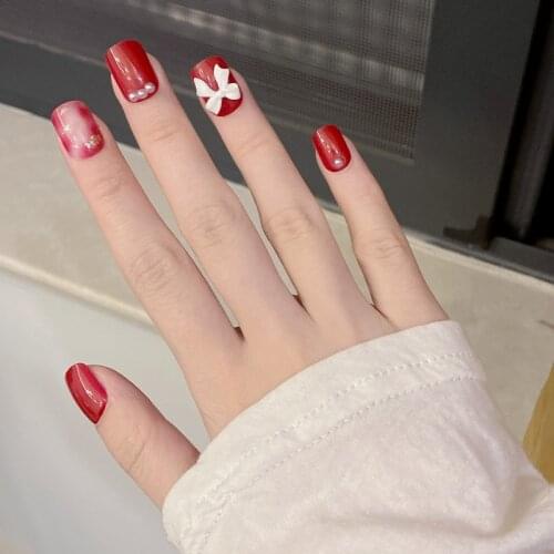24pcs Bow Wine Red Nail Patch Square Head Glue Type Removable Short Paragraph Fashion Manicure False Nail Patch DL