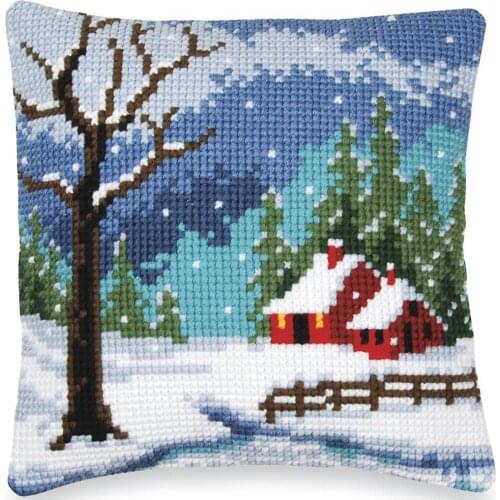 DIY Cross Stitch Cushion Front Winter Scenery Needlepoint Kits Printed Canvas Chunky Yarn Cross-stitch Pillow Case Arts & Crafts