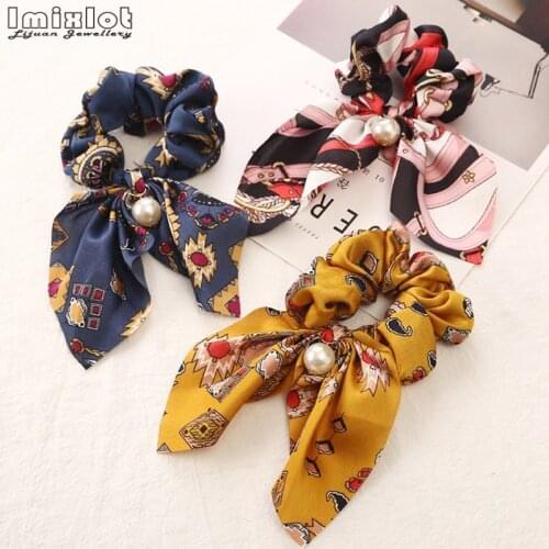 New Silk Satins Bowknot Hair Scrunchies Women Pearl Ponytail Holder Hair Tie Hair Rope Rubber Bands Hair Accessories Headwear