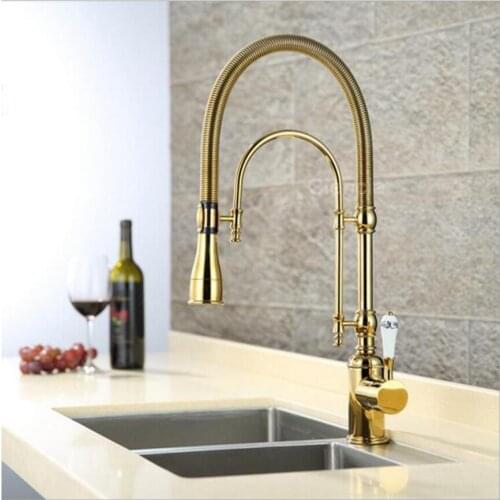 Luxury Gold/Chrome Kitchen Faucet Tap Two Swivel Spouts Extensible Spring Mixer Pull Out Kitchen Sink Faucet Pull Down Sink Tap