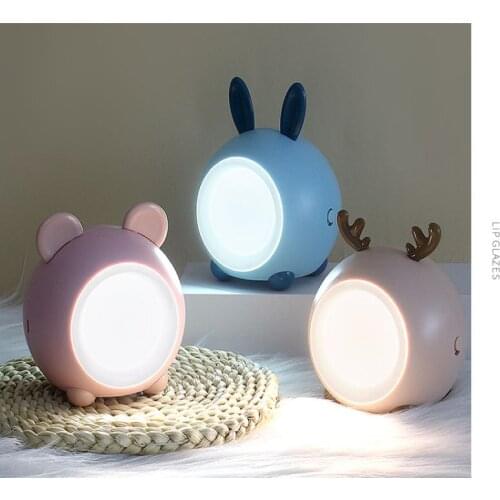Cartoon Small Night Light Stepless Dimming Three Gear Deer Rabbit Ear Bear Bedroom Feeding Light USB Charging