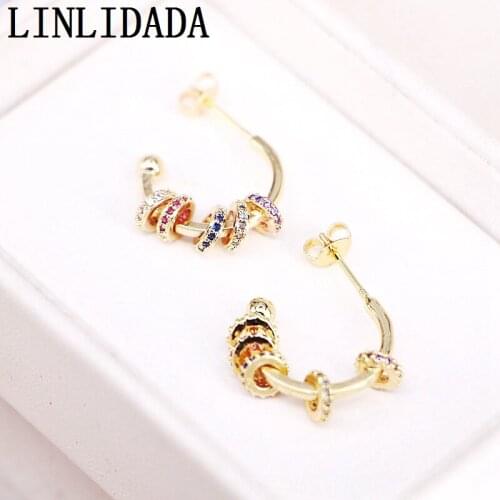 5Pairs Rainbow Cubic Zircon Fashion Stud Earrings New Geometric Jewelry CZ Micro Paved Circle Earring Gold Color For Female