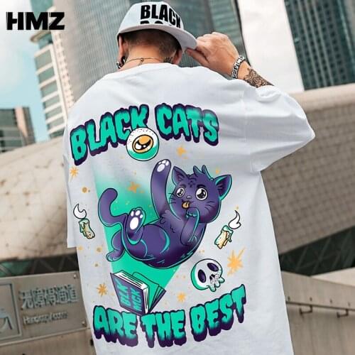 HMZ Oversize Half Sleeve T Shirts Black Cat Print Harajuku Tee Casual Streetwear Tops 100% Cotton Homme Clothing Drop Shipping