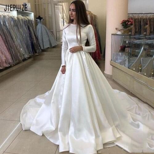 JIERUIZE Vintage Long Wedding Dresses Jewel Neck Button Back Simple Full Sleeves White Bridal Gowns Arabic Robe de Mariage