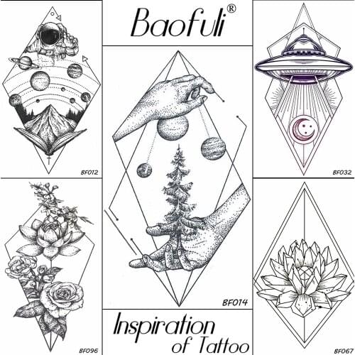BAOFULI Temporary Geometric Universe Tattoo Waterproof Rhomboid Hands Pine Tree Planets Fake Tattoo Body Arm Art Tatoos Stickers