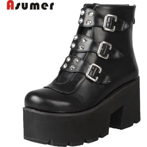 Asumer Plus Size 34-43 New Women Boots Buckle Autumn Winter Ankle Boots Fashion Square High Heels Punk Platform Boots Lady Shoes