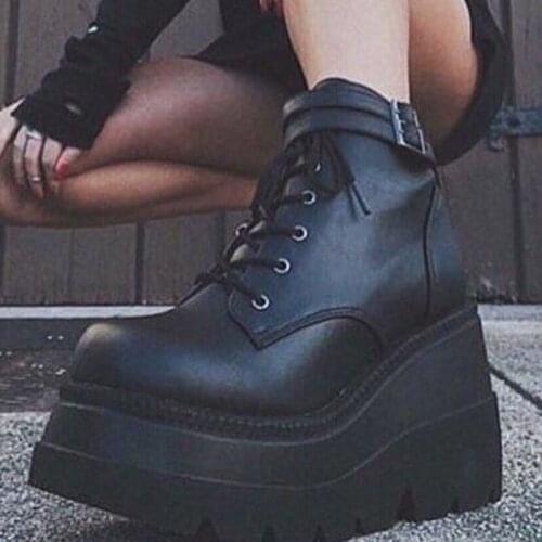 Wedges High Heels Women Boots PU Leather Ankle Boots Round Toe Platform Boots New Fashion Booties Woman 2021 Spring/Autumn