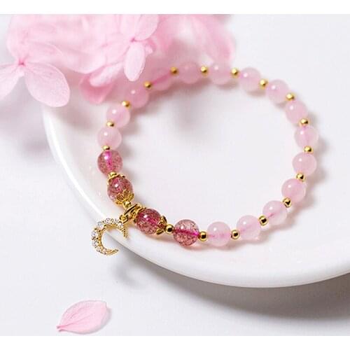 Gold Color Moon Pink Crystal Natural Strawberry Quartz 925 Sterling Silver Bracelet for Women Zirconia Bracelets Jewelry YBR100