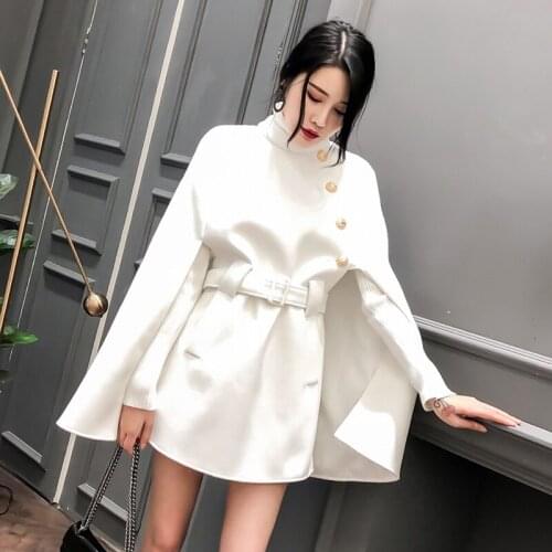 White Cape Woolen Coat Women Autumn Winter 2021 New High Quality Mid-length Loose Shawl Retro Cloak Wool Outerwear Female Mujer