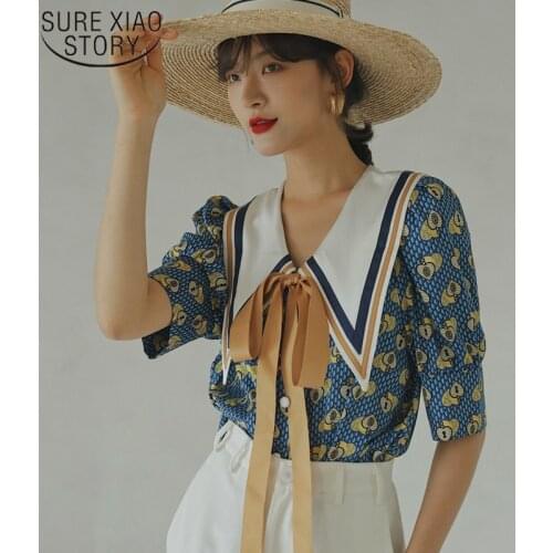 Blusas Vintage Blouse Summer Top Blue Puff Sleeve Collar Shirt Women Loose Designer Ladies Tie Top Korean Fashion Clothing 14636