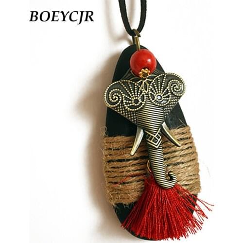 BOEYCJR Lovely Alloy Elephant Necklace Chain Handmade Ethnic Waterdrop Wood Long Tassel Pendant Necklace for Women Gift