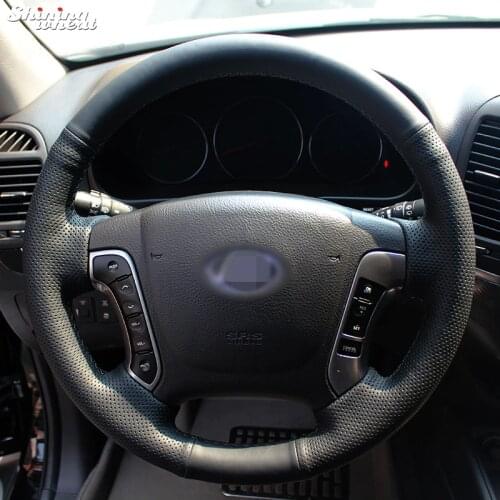 Shining wheat Hand-stitched Black Leather Steering Wheel Cover for Hyundai Santa Fe 2006-2012