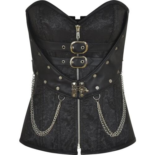 Black Leather Front Steampunk Chain Corset Women Sexy Gothic Corsets And Bustier Overbust Outwear corselet Top Fashion Corselet