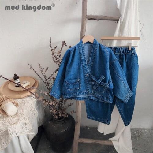 Mudkingdom Denim Jacket Pants Girls Set Pockets Belt Long Sleeve Tops Loose Elastic Waist Jeans Outfits for Toddler Autumn Sets