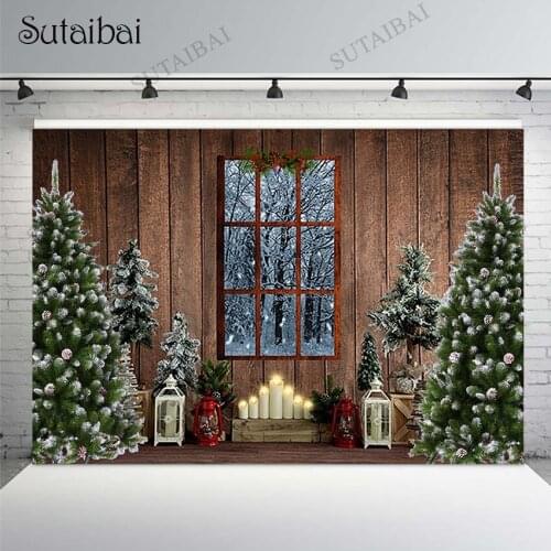 Christmas Tree Interior Decoration Photography Backdrops Wood Wall Window Winter Snow Photo Backgrounds Baby Shower Background