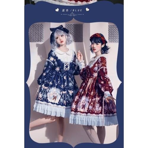 Sweet princess lolita dress retro lace bowknot peter pan collar high waist printing victorian dress kawaii girl gothic lolita op