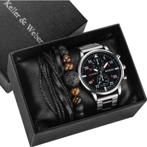 Men Watches Gift Set Classic Black Dial Steel Strap Quartz Watch Beaded Braided Bracelets Top Fashion for Boyfriend Husband Dad