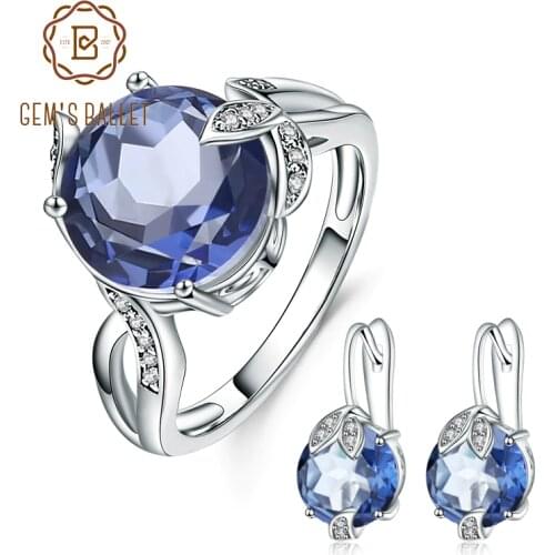 Gems Ballet Natural Iolite Blue Mystic Quartz Gemstone Earrings Ring Set Pure 925 Sterling Silver Jewelry Set For Women Wedding