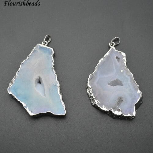 Natural Geode Druzy Light Blue Gray Agate Freeform Slab Stone Pendants Fit Fashion Necklace Jewelry Making