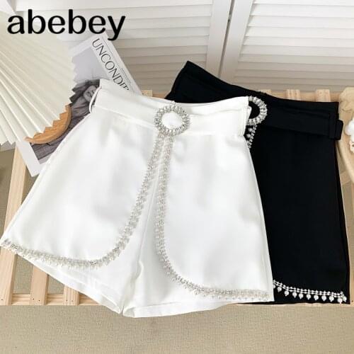 2021 New Summer Fashion All-match solid Shorts heavy industry design diamond studded beading high waist slim wide leg Shorts