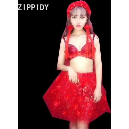 New design Sexy Sparkly Red Rhinestones Flowers Bra Mesh Skirt Appliques Outfit Set Celebrate Wear Nightclub Show Clothes Set