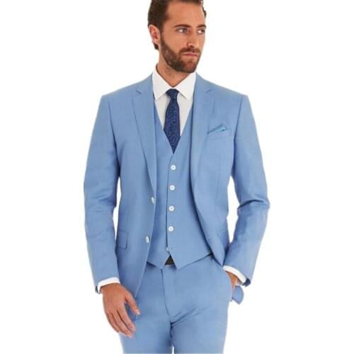 New fashion Romantic Light blue Lounge suit & Wedding Tuxedo men suit latest coat pant simple designs costume(Jacket+Pants+Vest)
