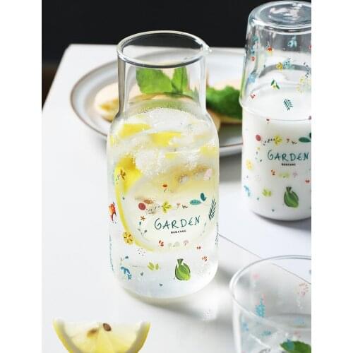 Single Water Cup 350ml Glass Water Bottle with Cover Beautiful Garden Pattern