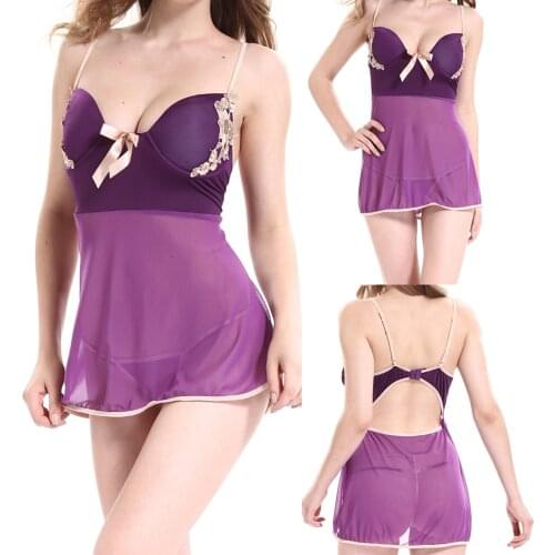 Sexy Wireless Rimless Pajamas Lace Nightdress Silk New Sexy Backless Lingerie Womens Lace Satin Silk Sleepwear Pajamas