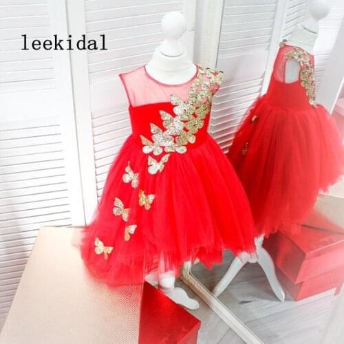Red Flower Girls Dresses With Golden Butterfy Applique Infant Toddler Girls First Communion Dresses Girls Birthday Dress Custom