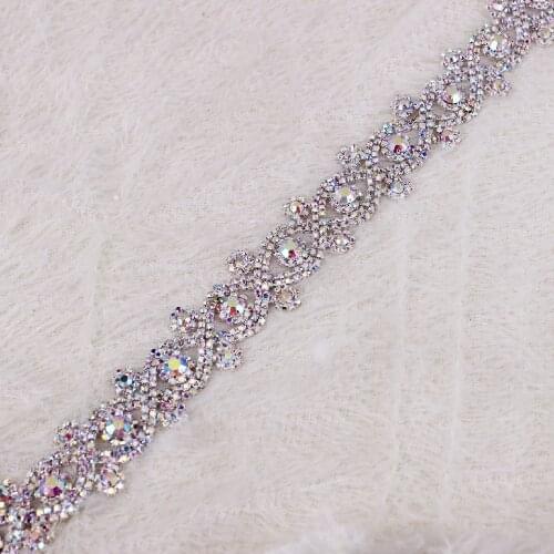1 Yard Silver AB Rhinestones Bridal belt diamond wedding dress belt crystal satin wedding sash for wedding dress accessory