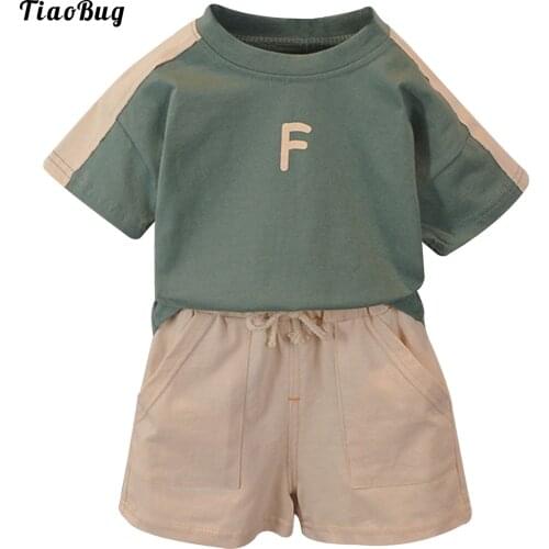 TiaoBug 2Pcs Summer Toddle Boys Cotton Suit Round Neck Short Sleeves Letter Print T-Shirt And Shorts Casual Sets