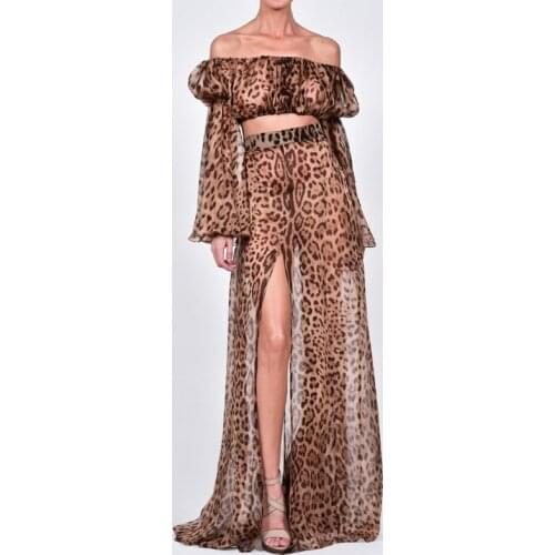 Women Leopard Print Suit Club Dress See Through Long Sleeve Crop Top and Cover Up Skirts Two Pieces Beach Dresses